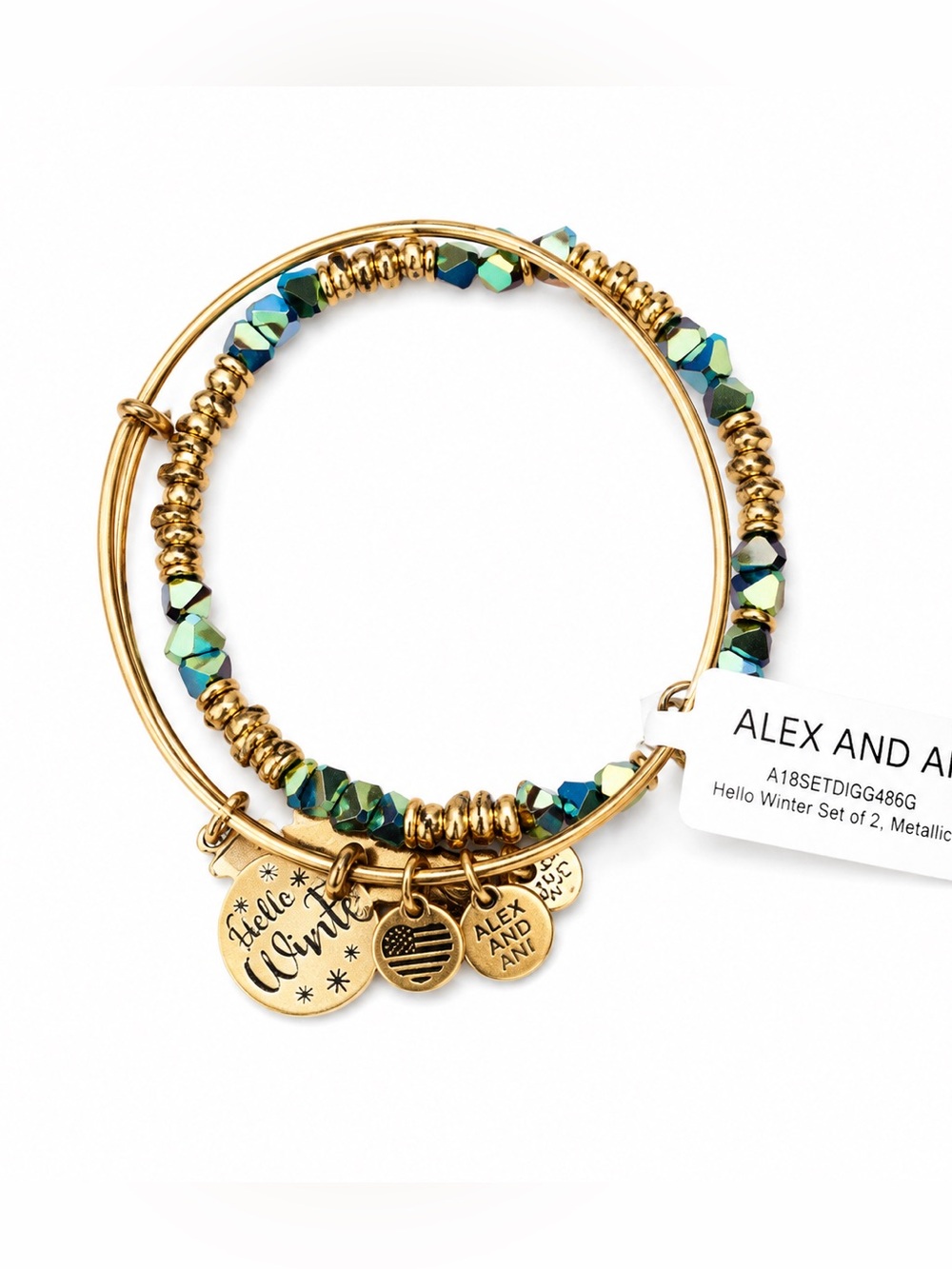 Alex and Ani Hello Winter Set of 2 Crystal Beaded Bangle Bracelets NWT Metallic